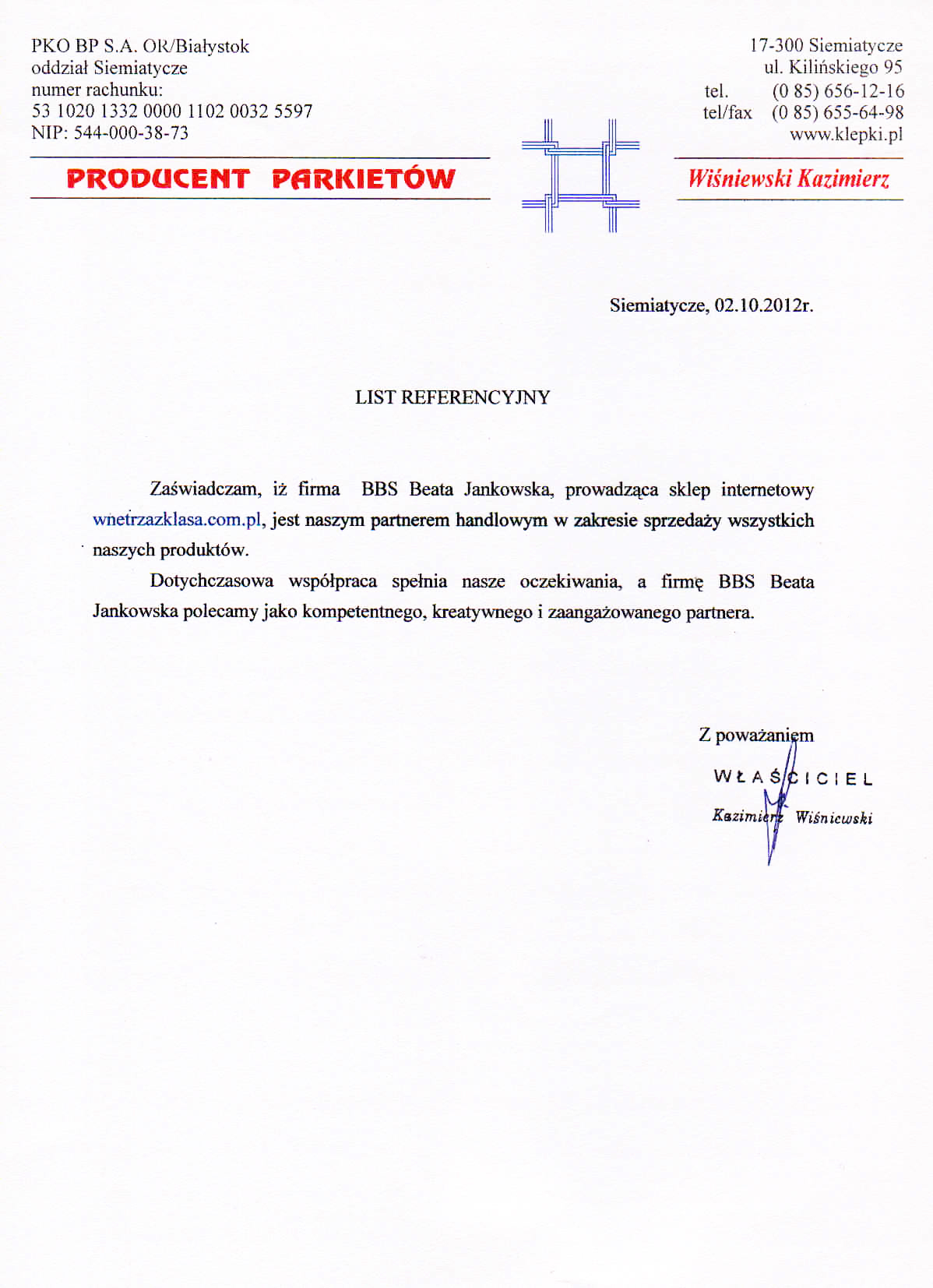 List referencyjny Wiśniewski parkiety
